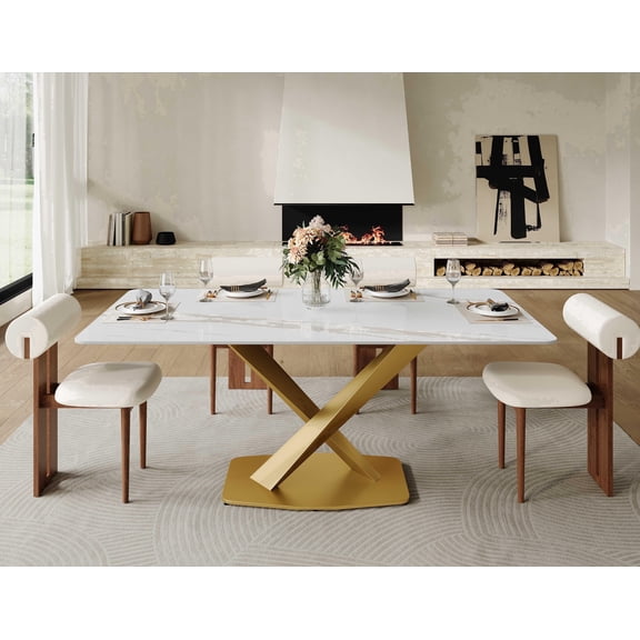 Modern Dining Table for 4-6, White Sintered Stone Dining Tabletop with Gold X-Shape Metal Base, 63" Rectangle Dining Table for Kitchen (Table Only)