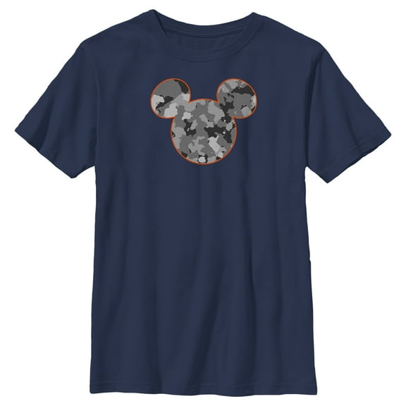 Boy's Mickey & Friends Gray Camo Mickey Mouse Logo Graphic Tee Navy Blue Large