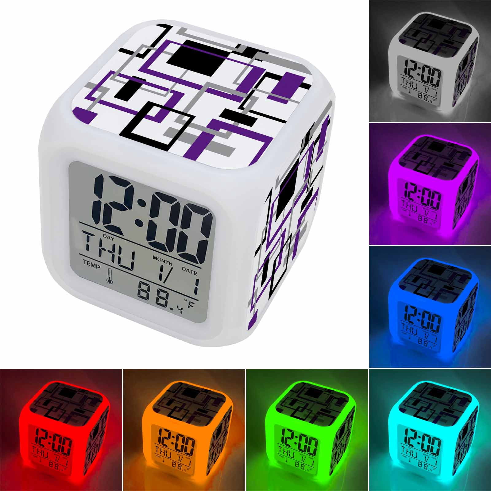 Purple Black Geometric Digital Alarm Clock for Bedrooms,Smart LED Alarm Clock with 7 Color Changing Night Light,Minimalist Stripes Abstract Art Silent Wake Up Clocks for Sleep Study Cooking 3.2"x3.2"