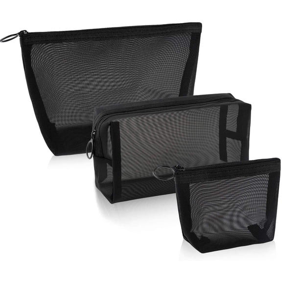 Three-piece set (large, medium, small) mesh cosmetic bag with zippered pockets, travel toiletry bag, a must-have for home, office, and travel (black).