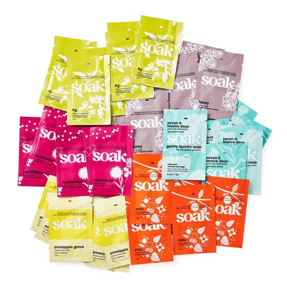 Soak â?? Minisoak Travel Pack, Assorted, Pack of 48 | No Rinse, Plant Derived Hand Wash Detergent | 5mL, Single Use