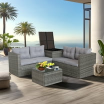 Patio Furniture Sofa Set, 4 Piece Outdoor Conversation Sets, Rattan Sofa Chairs and Glass Table, Ottoman, All-Weather Patio Sectional Sofa Set with Cushions for Backyard, Porch, Garden, Poolside, Gray