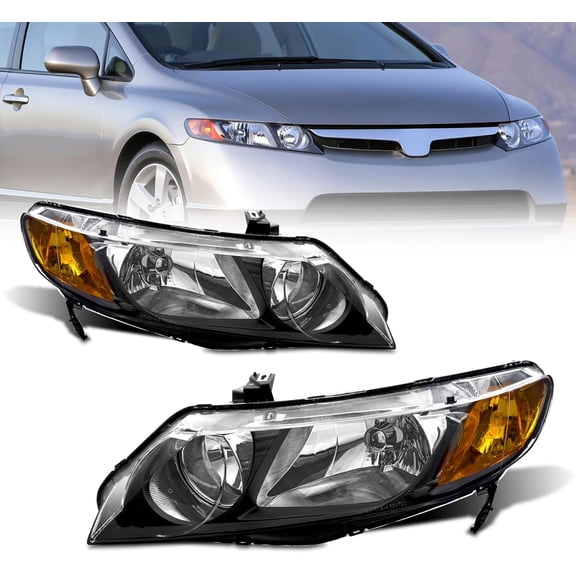 AS Headlight Assembly for 2006 2007 2008 2009 2010 2011 Honda Civic 4 Door Sedan Headlamp with Black Housing Amber Reflector Clear Park Lens Driver and Passenger Side Pair