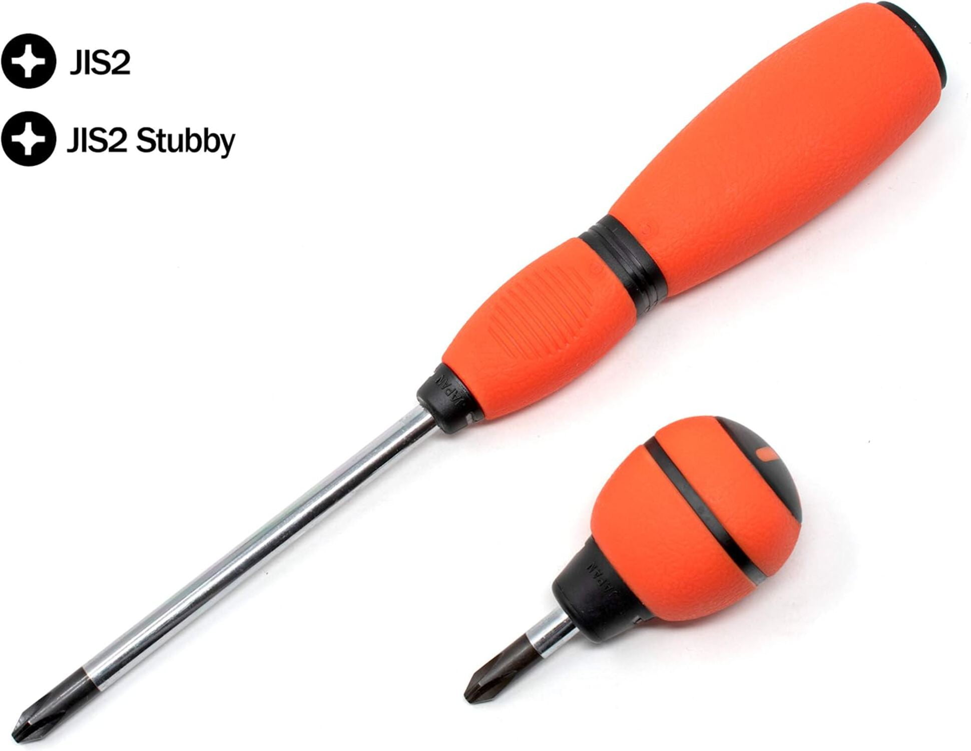 JIS (Japanese Industrial Standard) Screwdriver 2-Piece Set JIS No. #2 Regular #2 Stubby Cross Point Soft Grip Rubber Handle Made in Japan Regular Screwdriver Is Full Tang Solid Shaft 0159-100/102