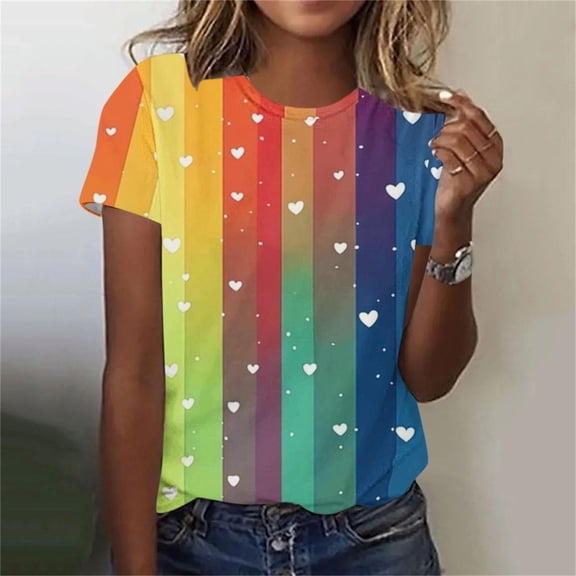 EchfiProm Shirts for Women Graphic Tee Valentine Day Colorful Heart Cute Basic Short Sleeve Wifes Plus Size Tops