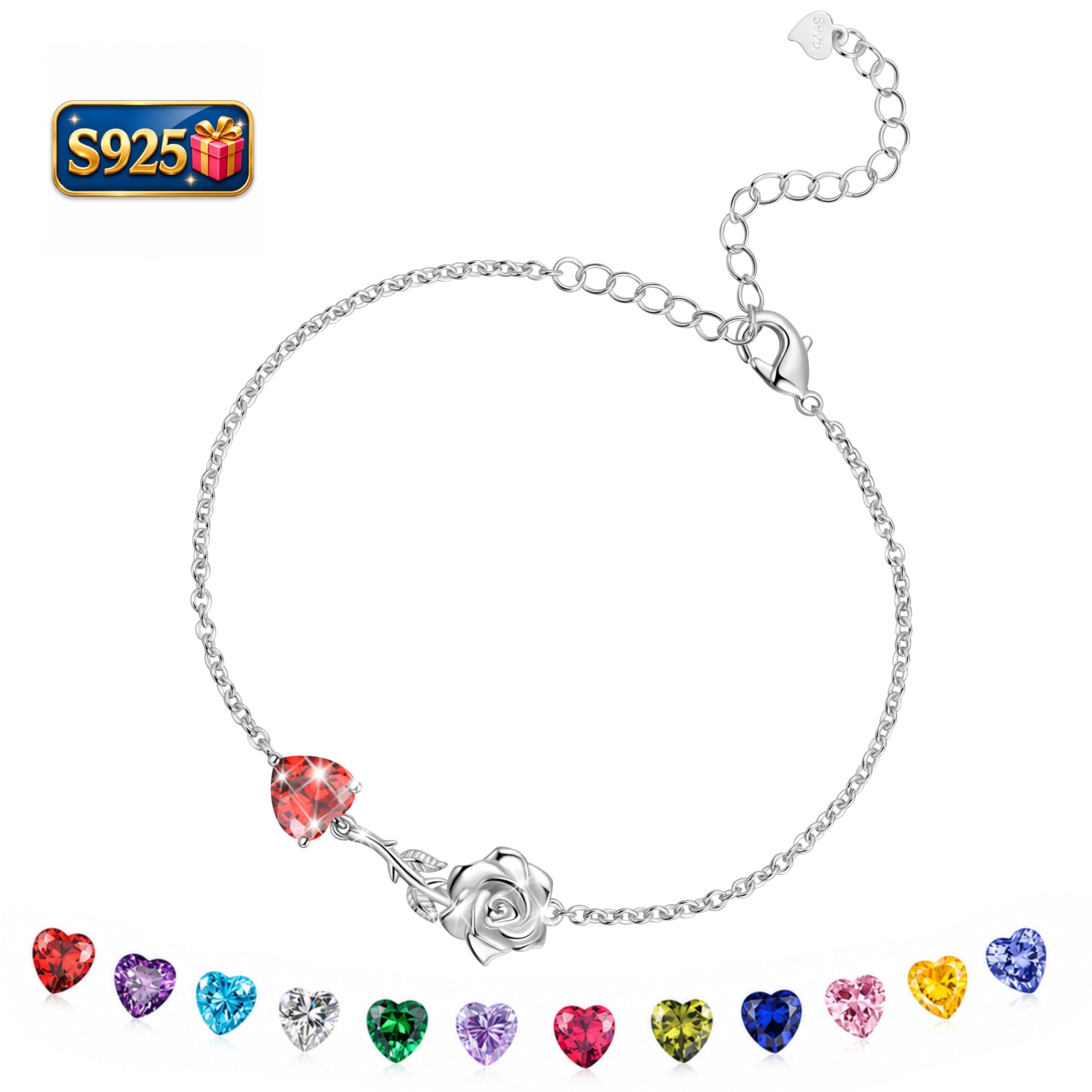 Beautlace 925 Sterling Silver Heart Birthstone Bracelet,Rose Flower Heart Charm Bracelet Adjustable Link Chain Jewelry Gifts for Women Mom Girls-January
