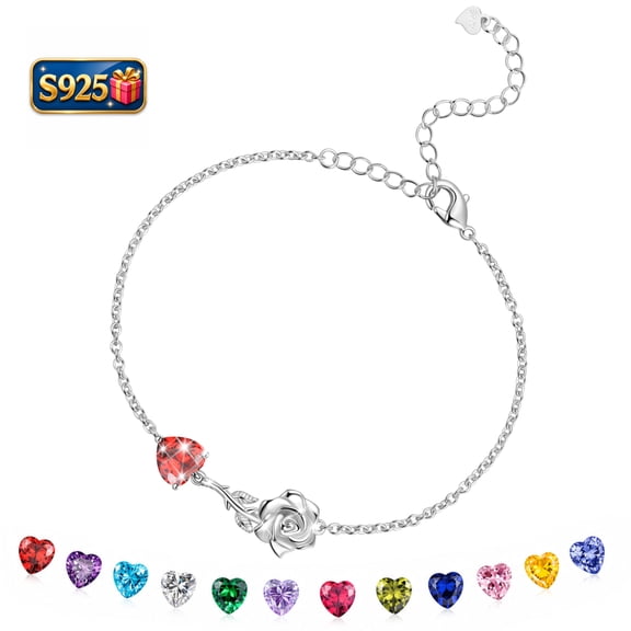 Beautlace 925 Sterling Silver Heart Birthstone Bracelet,Rose Flower Heart Charm Bracelet Adjustable Link Chain Jewelry Gifts for Women Mom Girls-January
