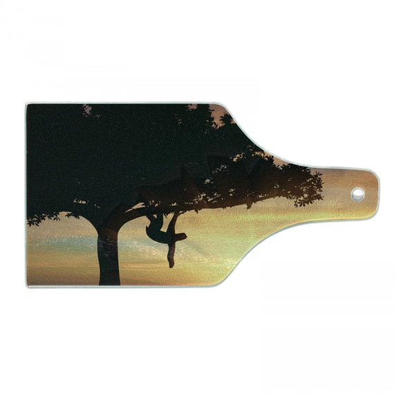 Sloth Cutting Board, Sunset View at Nature Reserve Exotic Animal Hangs on Big Tree Fauna Jungle, Tempered Glass Cutting and Serving Board, Wine Bottle Shape, Peach Black Yellow, by Ambesonne