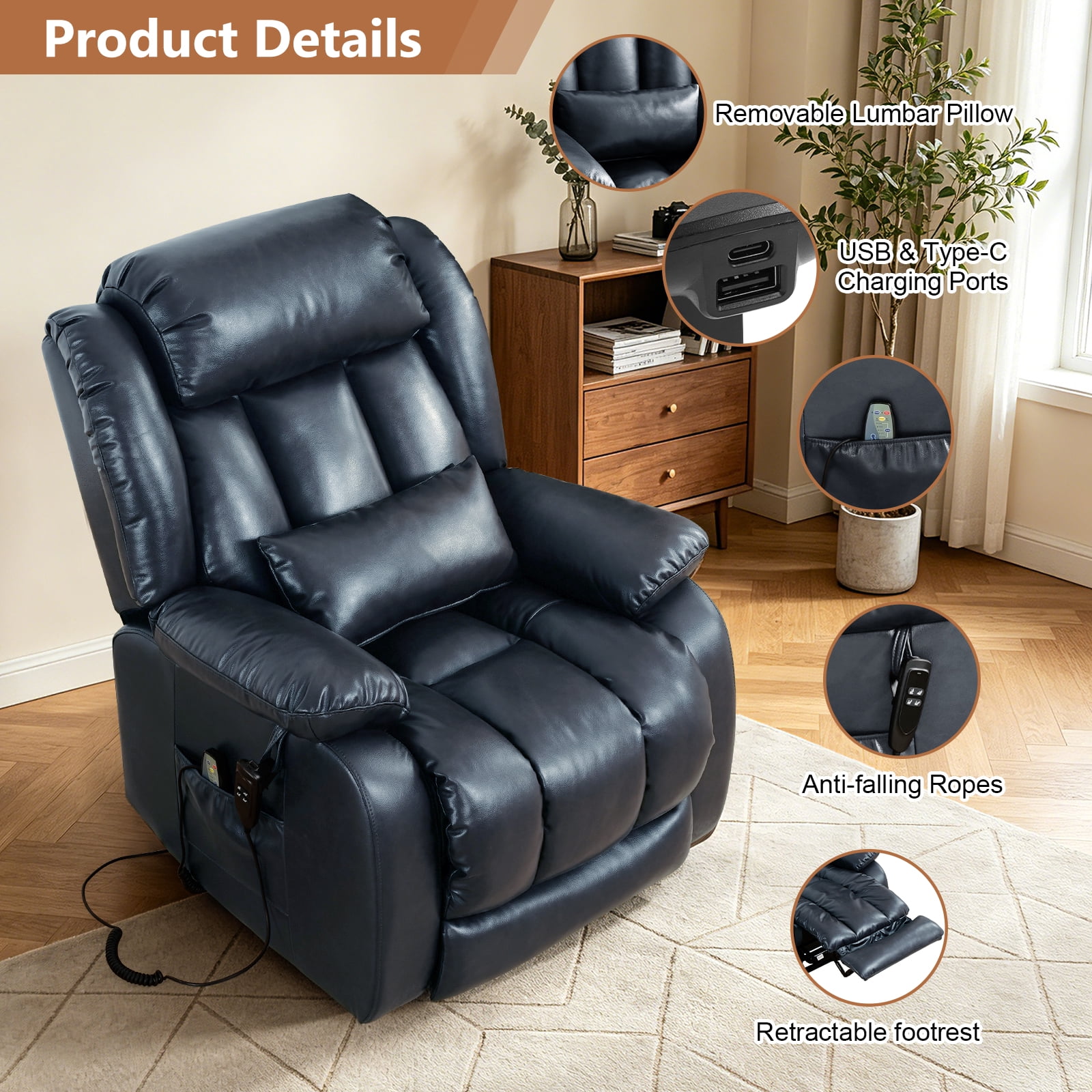 TEKAMON Infinite Position Lift Recliner Chair for Elderly with Heat Massage and Extended Footrest Lay Flat Sleeping Leather Dual Motor Power Lift Chair for Living Room (Blue)