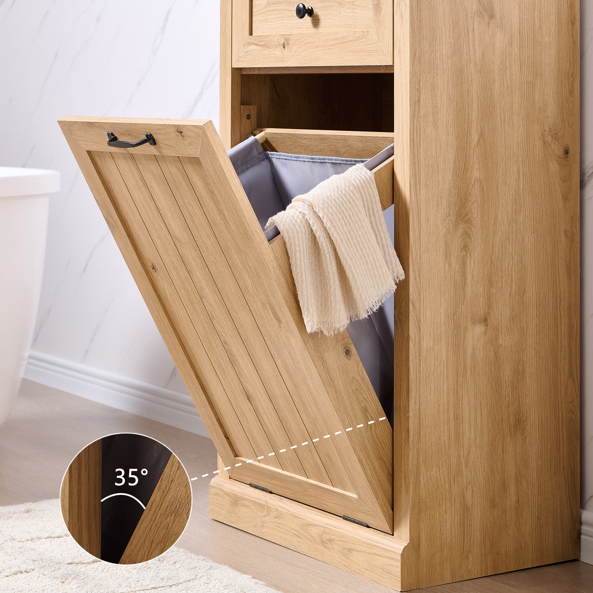Tilt Out Trash Cabinet, 10 Gallon Farmhouse Laundry Hamper Cabinet with Drawers, Storage Basket for Kitchen, Living Room, Natural