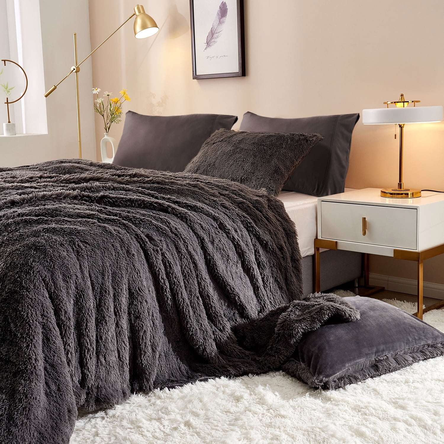 HAOK 3 PCS Shaggy Duvet Cover Bedding Set - Fluffy Comforter Cover Long Faux Fur Luxury Ultra Soft Cozy (Dark Gray, Twin)