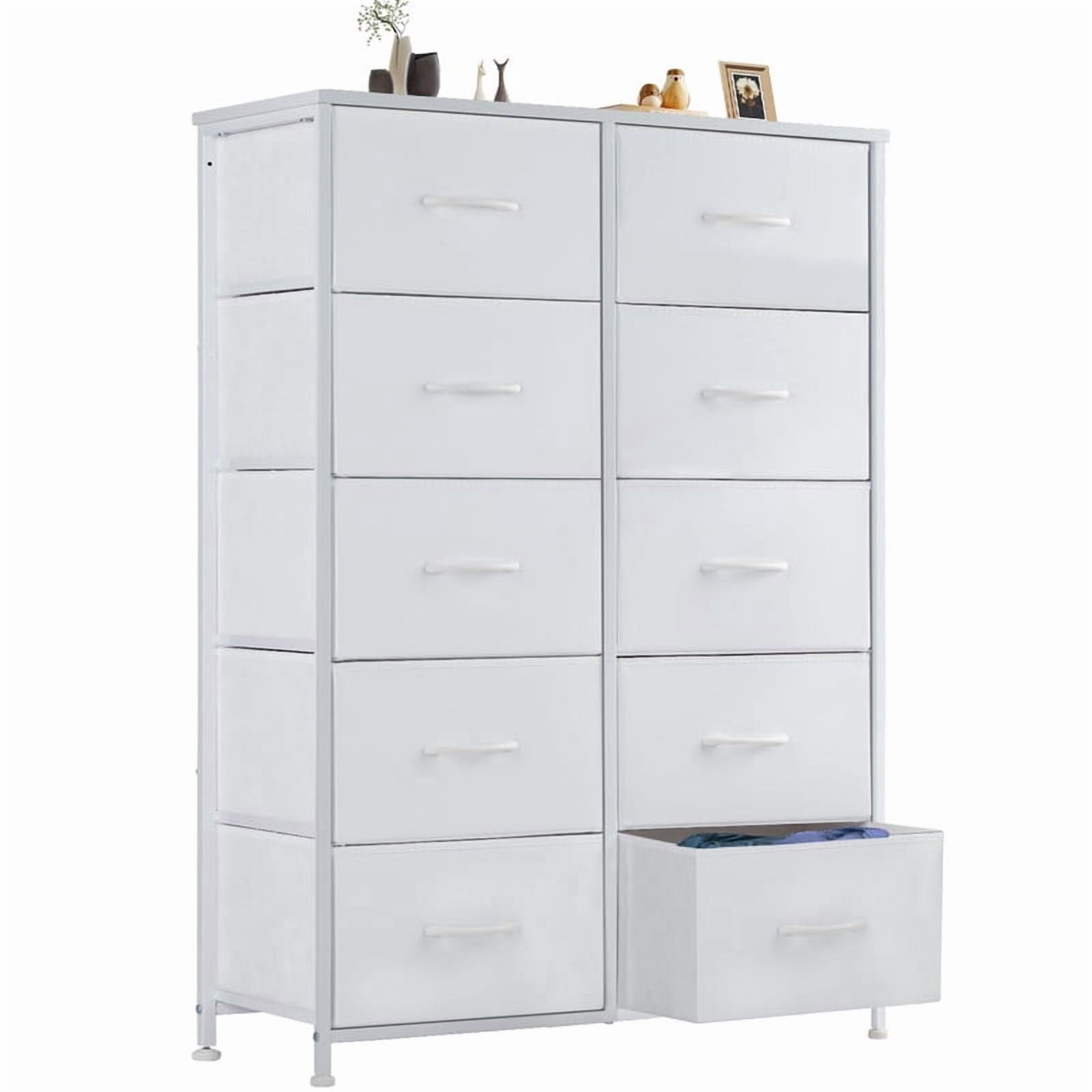 Kelno 10 Drawer Fabric Dresser Storage Tower Chest Organizer with Wood Top Steel Frame, White