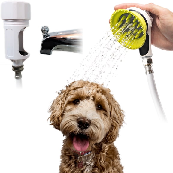 Wondurdog Dog Wash Kit for Bathtub Spout – Garden Hose Dog Shower Attachment with Splash Shield & Rubber Scrubber, Fits Front Pull-Up Diverter