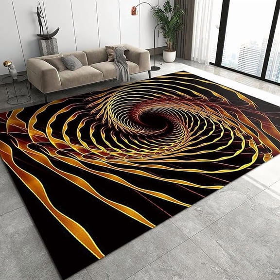 Abstract Golden Swirl Area Rug, Minimalist Optical Illusion Non Slip Bedroom Rug, Stain Resistant Durable Carpet for Indoor Living Room Office Decor Mat 3 x 4ft