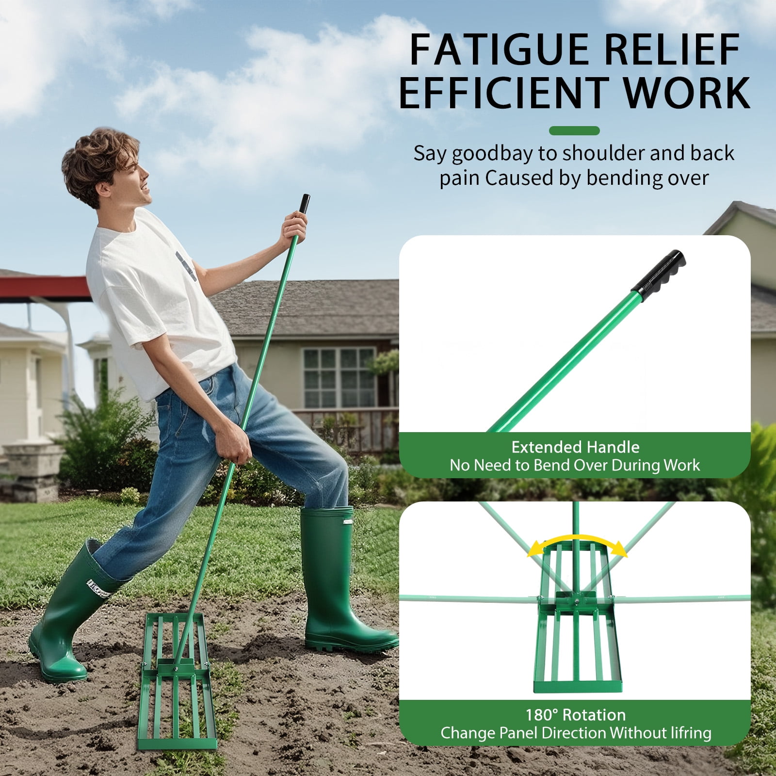 HiiKaa Lawn Leveling Rake,36" Steel Handle Yard Leveler, Lawn Level Tool for Creating a Flat Surface,Works for Soil,Dirt,Topdressing and Ground,Green