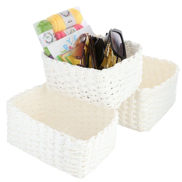 Paper Rope Woven Storage Baskets, White Wicker Basket, Household Organizer Basket, Decorative Rectangular Bin, Stackable Wicker Baskets, White, 3 Pcs