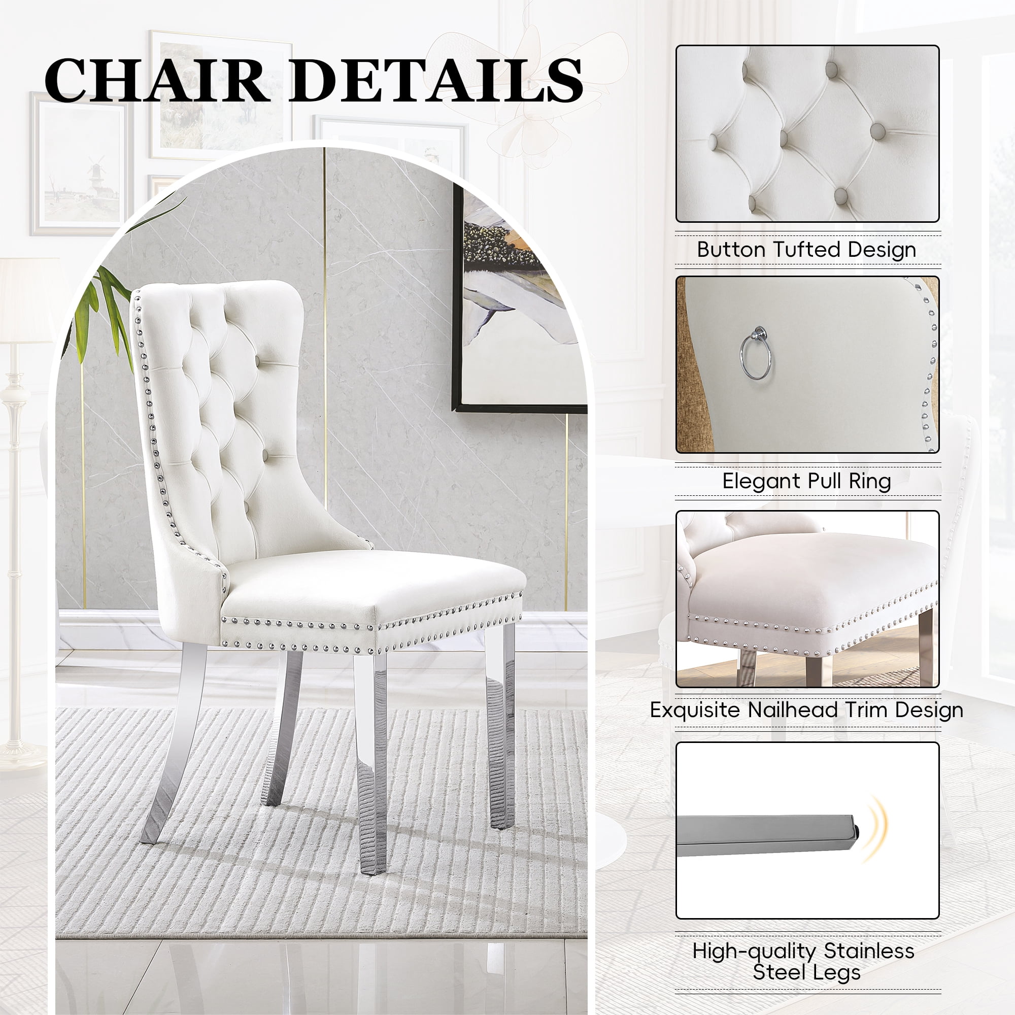 Dining Table Set for 2, 31.5" Round Table with All-Metal Tulip Pedestal Table, Velvet Nailhead Trim Chairs with Stainless Steel Legs, Modern Kitchen Dining Set for Apartment, Small Spaces, White
