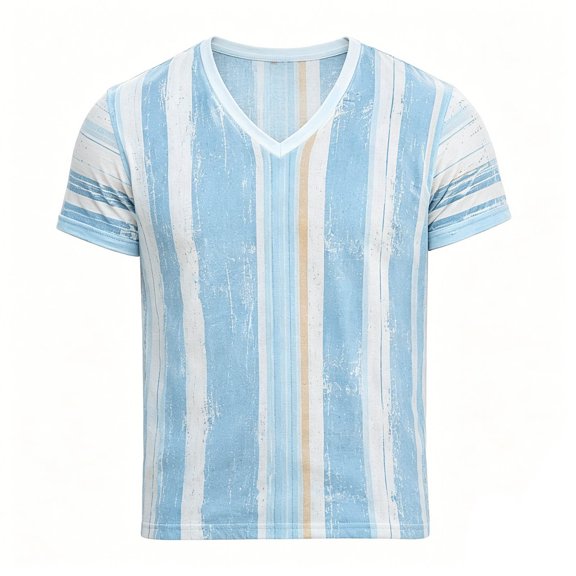 XIAONU Men's Vertical Stripe V Neck Short Sleeve T Shirt Distressed Print Regular Fit Summer Casual Tee
