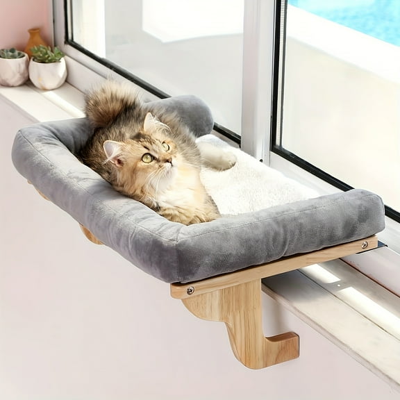Cat Perch For Window Sill With Bolster - Orthopedic Hammock Design With Premium Hardwood & Robust Metal Frame - Cat Window Seat For Large Cats And Kittens - Color Wood With Gray Bed, Brown Bed