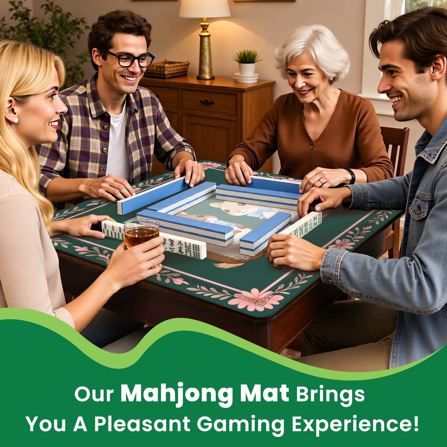 Mahjong Mat 31.5" x 31.5" Cute Hamster Pair Blue Bows Heart Illustrated Style Non-Slip Noise Reduction American Mahjong Tiles Table Cover for Dominoes Poker Card Board Games Gift