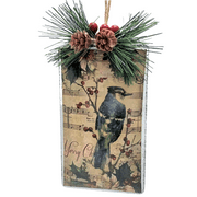 Holiday Time Oversize Rectangular Blue Bird Ornament. Handwash Rim. Vintage Design.