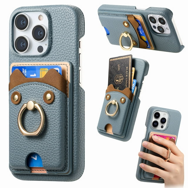 Étui pour FOXDOCK iPhone 15 Pro, Cuir, Anneau Ourson, Porte-Cartes