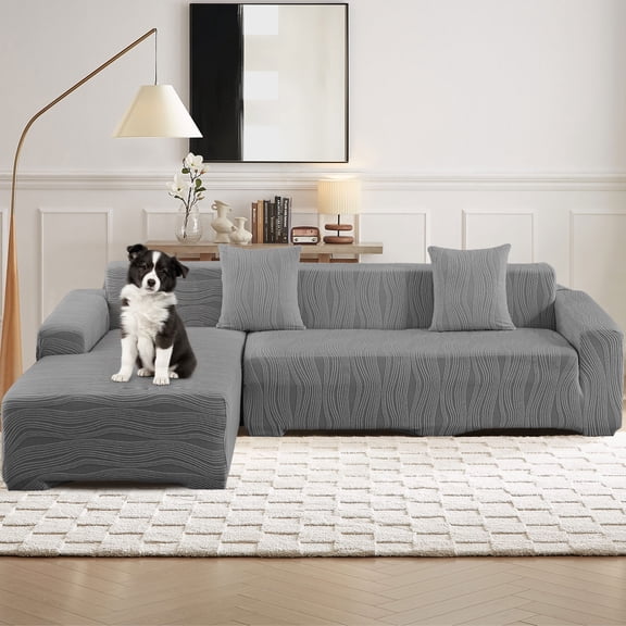 Eurhowing Stretch L Shape Sectional Sofa Cover, 2 Piece Non Slip Couch Slipcover for Pets & Kids, Jacquard Washable Furniture Protector (Fits 3+3 Seater), Beige