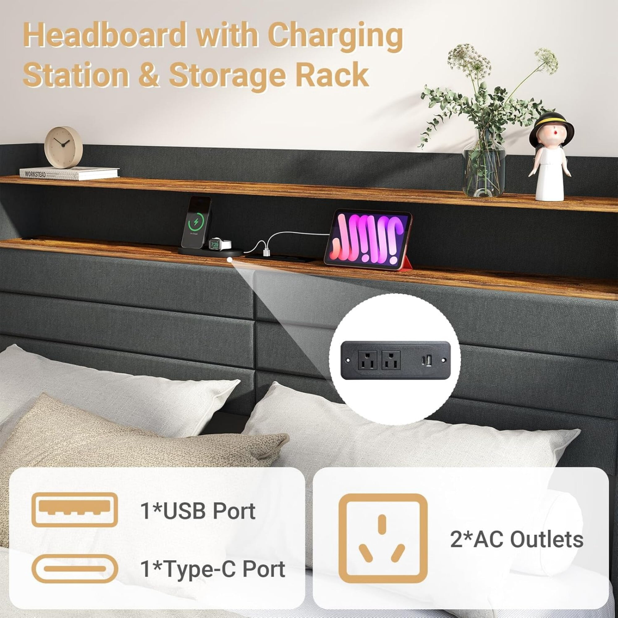 AENKYO Queen Upholstered Platform Bed Frame with Charging Station, Storage Headboard, 4 Drawers, LED Light, Dark Gray