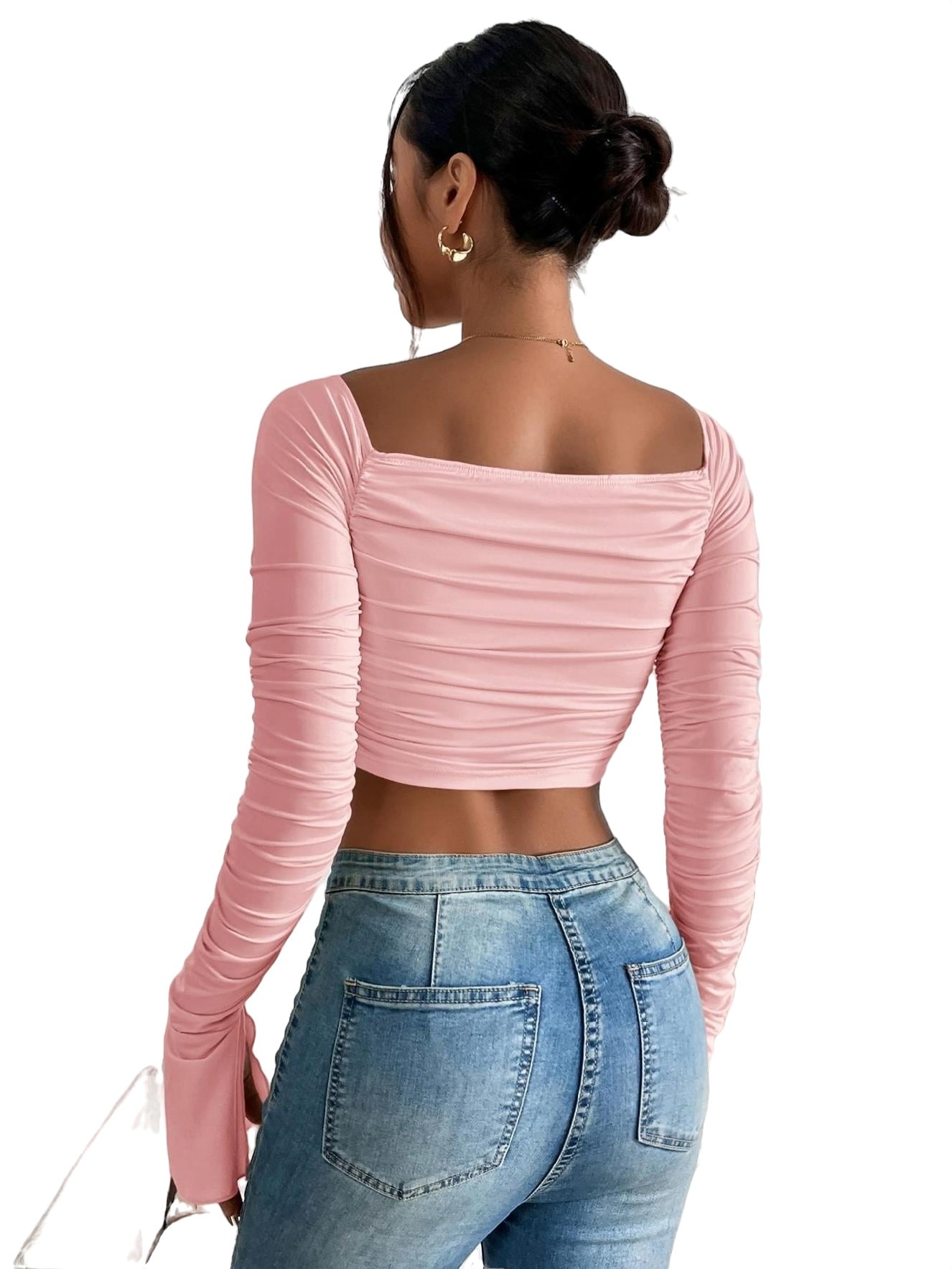 Baby Pink Ruched Long Sleeve Crop Top, Tops