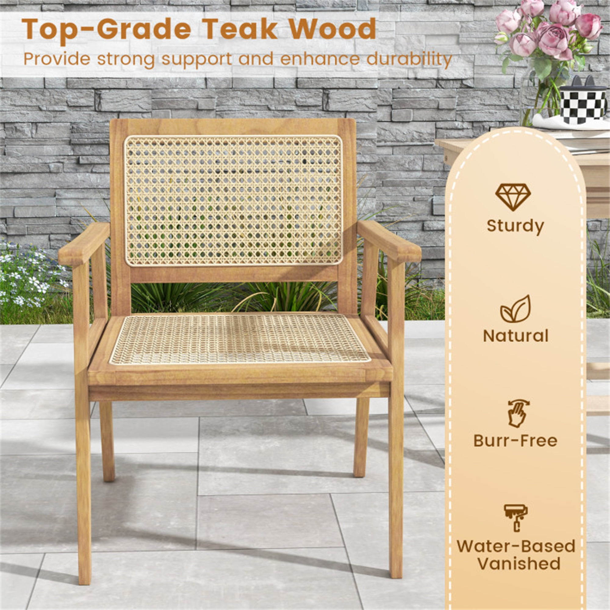 Demi Bonn Indonesia Teak Wood Dining Chair with Natural Rattan Seat and Curved Backrest for Backyard Porch Balcony, Beige