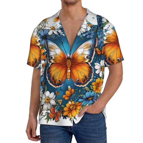Fotbe Spring Butterfly Flowers Camisa Estampada de Manga Corta para Hombre, Casual de Verano, Estilo Playero, Sin Arrugas-3X-Large