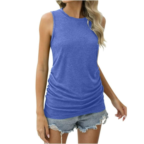 FRSASU Tank Top for Women Summer Women Solid Color Round Neck Pocket Sleeveless Tee Tops Tank Blue 6(M)