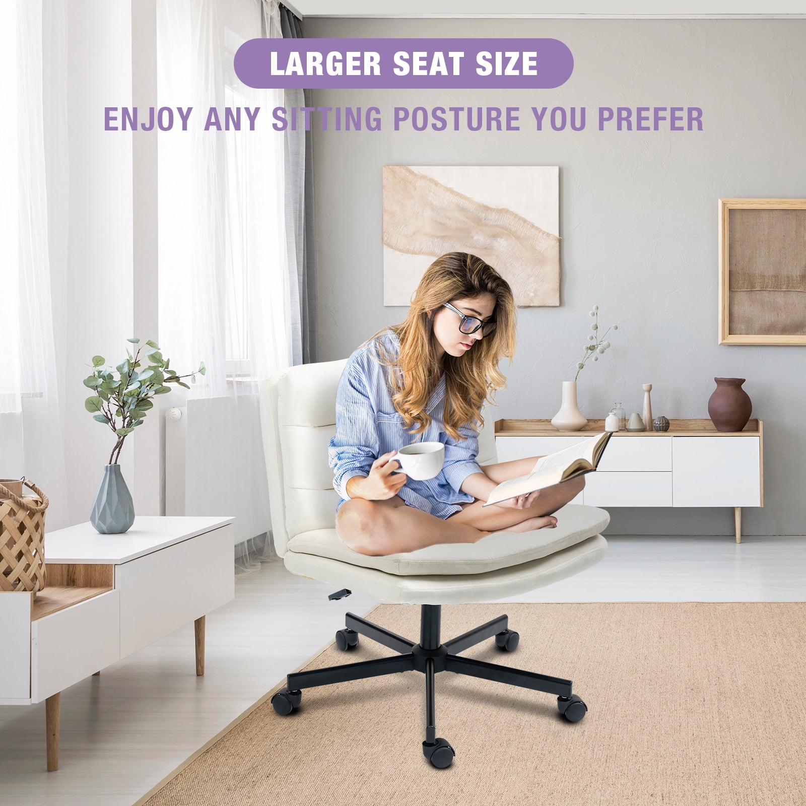 Criss Cross Legged Chair Ergonomic Home Office Desks Chair with Casters, Armless Wide Comfy Vanity Desk Seat Swivel Rolling Computer Chair, Adjustable Height, Rocking Function, Beige