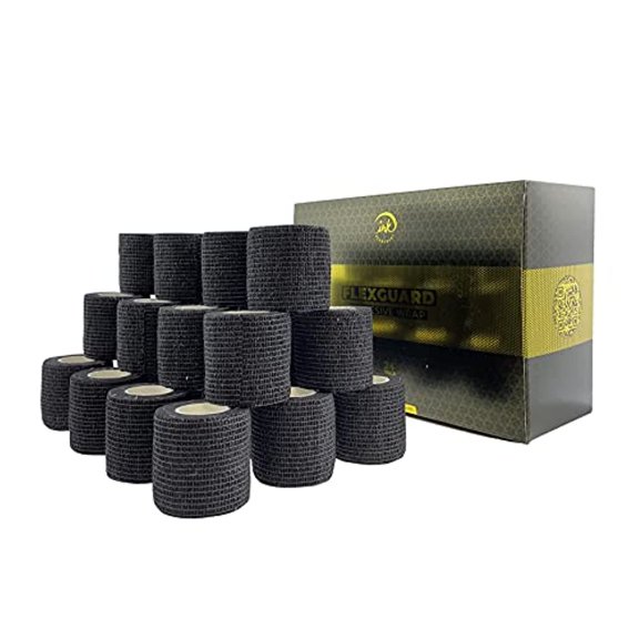 (24-Pack) 2” x 15 FT | Disposable Cohesive Bandage Tattoo Grip Tape Wrap Elastic Self Adherent – Breathable Wrap for Pets, Athletic Bandage for Sports, Injuries: Ankle, Knee & Wrist & PMU (Black)