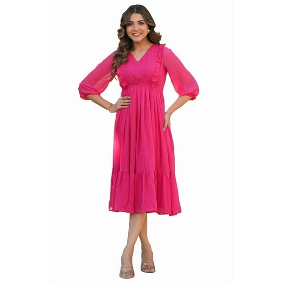 Pink Dobby Chiffon Self Design Fit & Flare Dress
