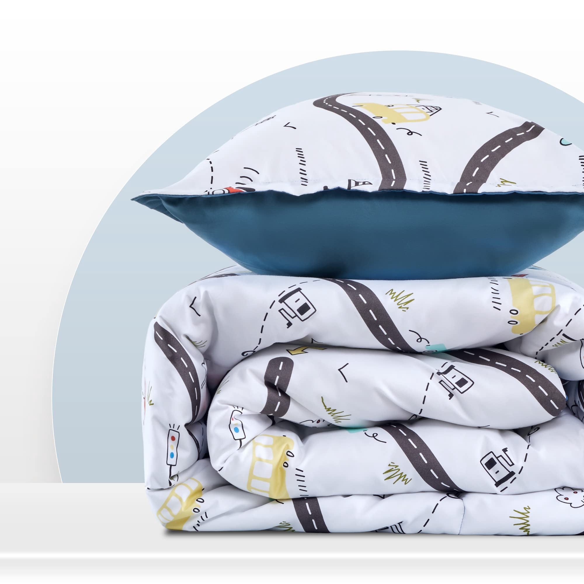 Sleep Zone Kids Bedding Comforter Set Full/Queen Size - Super Soft & Cute Printed 3-Piece Comforter Set All Seasons for Boys, Girls, Fade Resistant, Machine Washable, Car Road