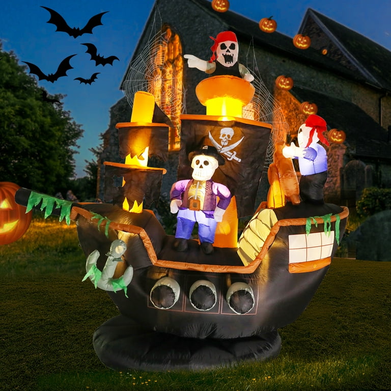 2PCS Halloween Inflatable pumpkin Guidepost and Skeletons Ghosts on Pirate  Ship Lights Decor Outdoor Indoor Holiday Decorations, Blow up Lighted Yard