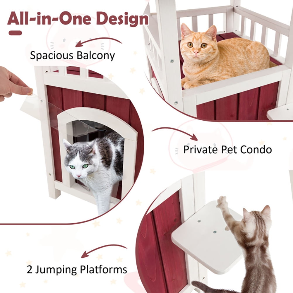 Kadyn Cat House Indoor Outdoor, Pet Cat House, 2-Story Wooden Cat House with Asphalt Roof Balcony and Rain Curtain-Red & White