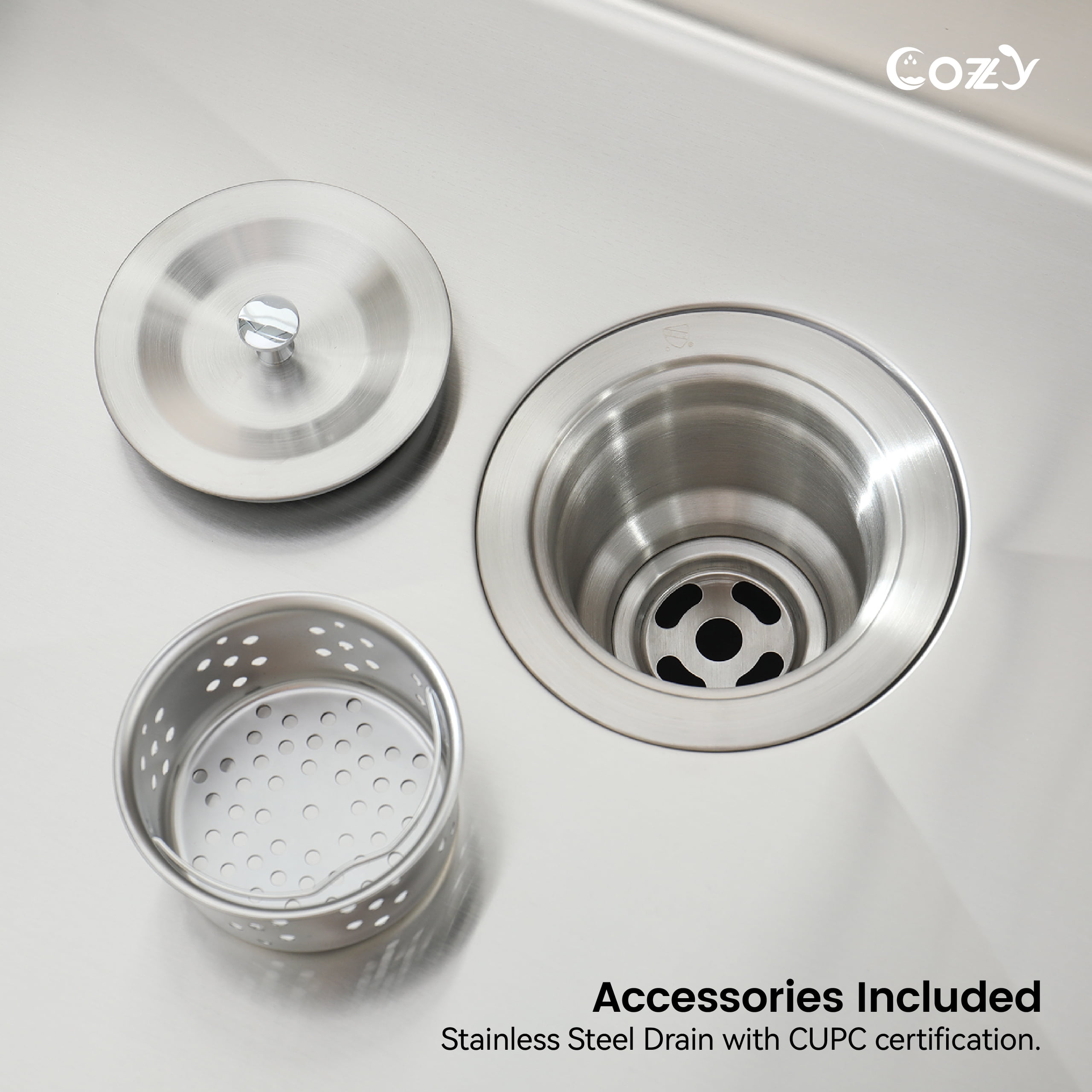 32″x19″ Stainless Steel Kitchen Sink, Single Bowl, Overmount Handmade Sink in Brushed Nickel, with US Standard Drain and Hook, SS-BR02D-321908