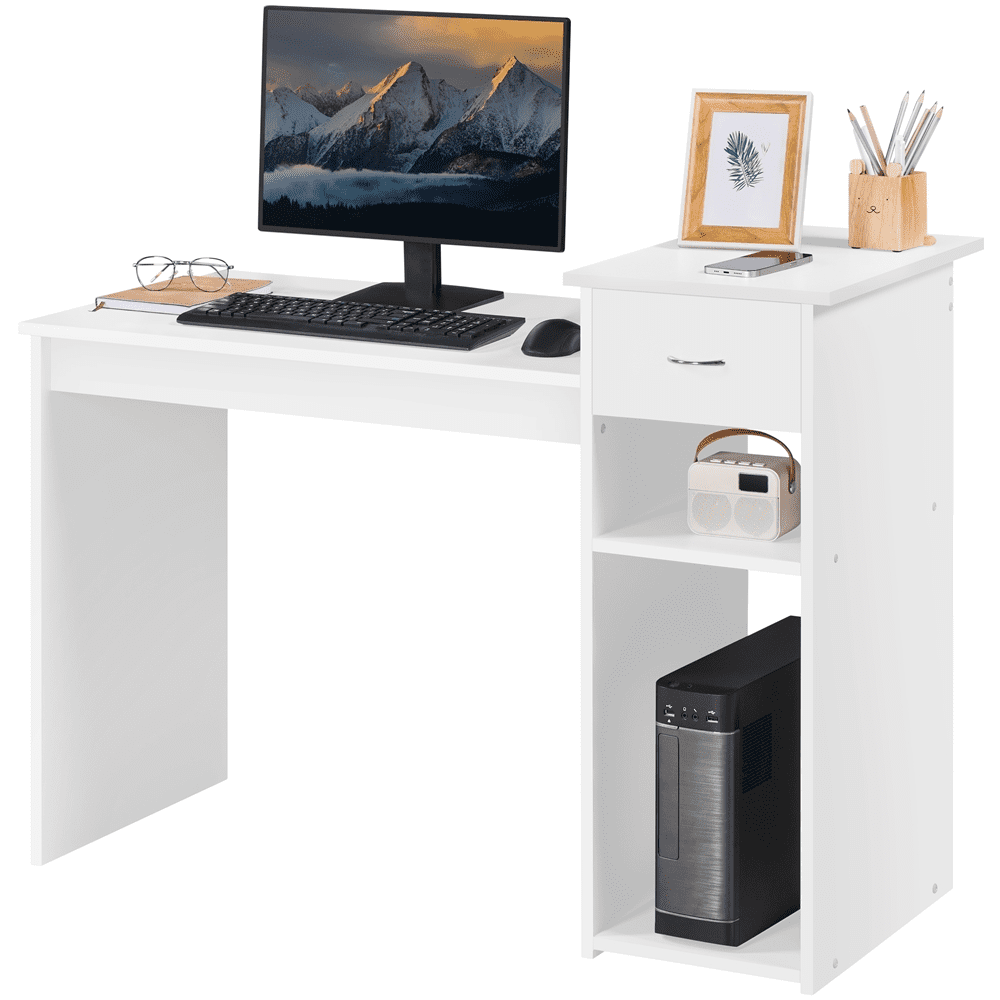 Yaheetech Computer Desk Laptop Table with Drawer & Shelves Home Office, White