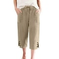 thumbnail image 4 of Bermuda Shorts for Women Linen Shorts Knee Length Pull On Casual Summer Capri Pants Long Shorts Khaki S 13" Inseam, 4 of 6