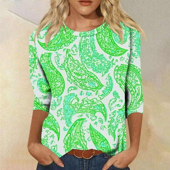 YOTAMI Summer Tops for Women Plus Size 3/4 Length Sleeve Shirts Crew Neck Floral Print Graphic Tees Blouses Green