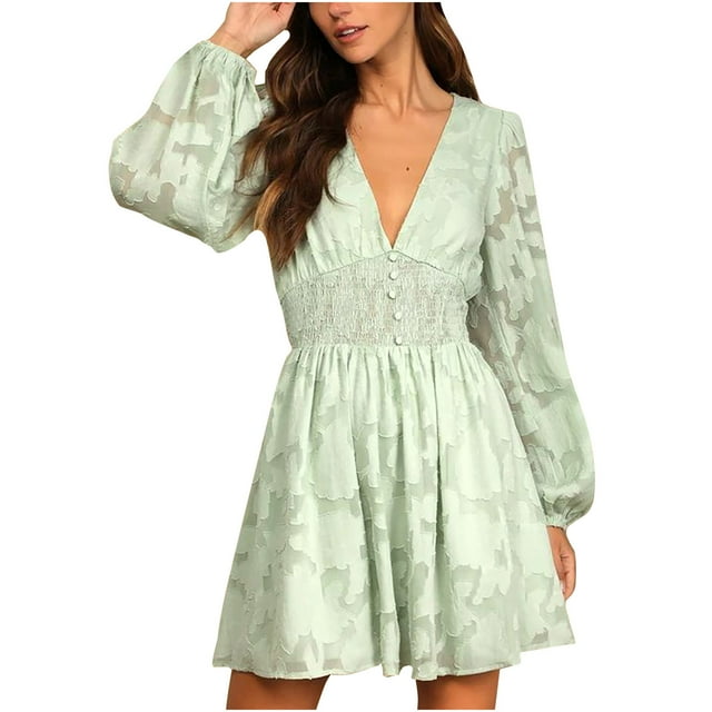 Robes d'Automne pour Femmes Col en V Profond en Chiffon Ajouré Manches Longues Bouffantes Robe Taille Haute Ligne A Robe Mini