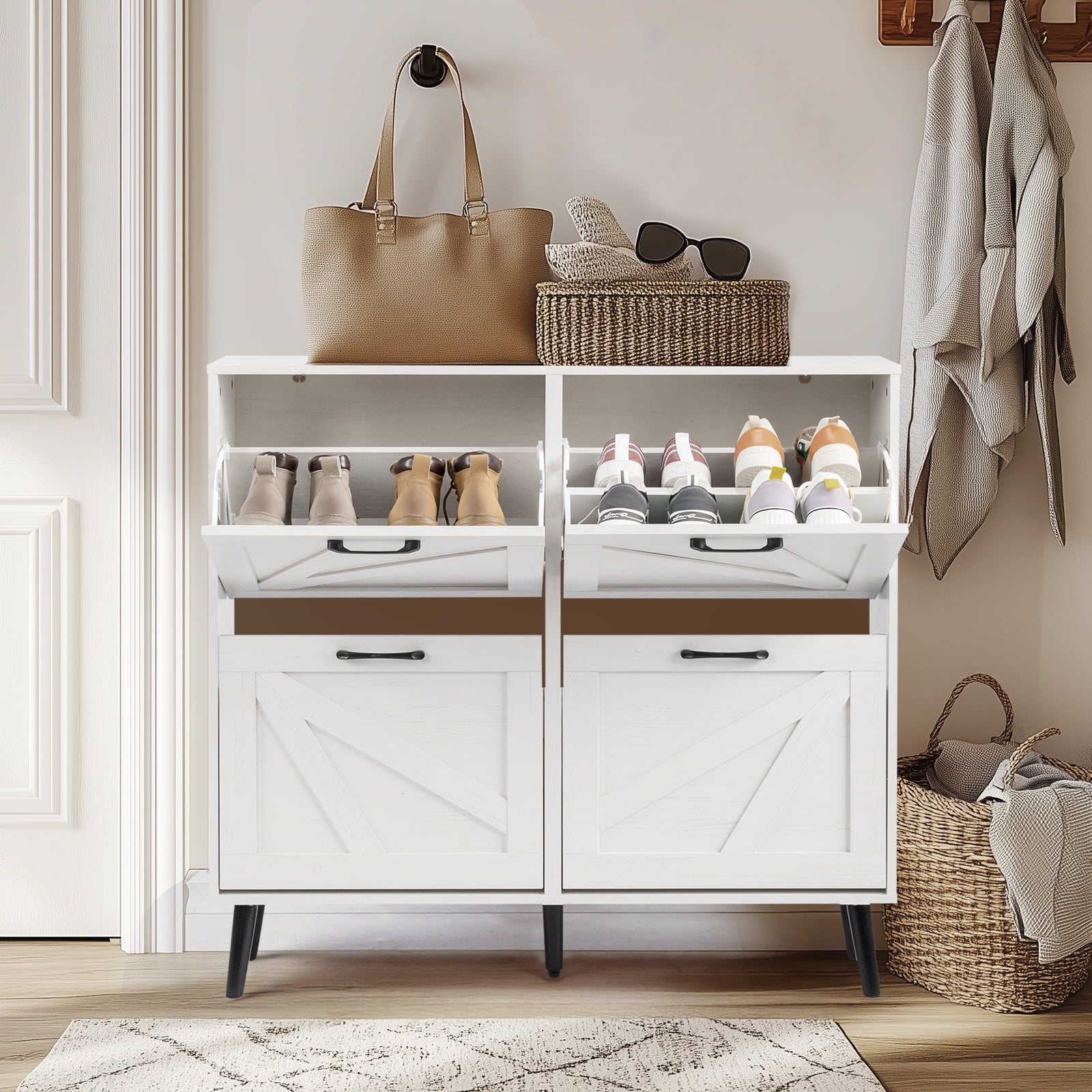 AsterOutdoor Barn Door Shoe Cabinet 4 Flip Top Compartments Triple Amine Laminated Particle Board Solid Wood Legs, Rustic White