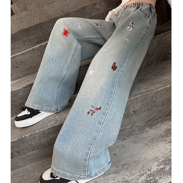 XIMIN Teen Girls Cute Cherry Print Embroidery Jeans Baggy Wide Leg