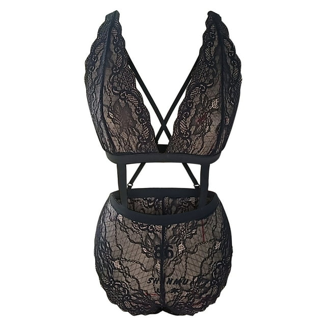 Gibobby Conjunto de lencería Sexy Mujeres Sexy Malla de Encaje Floral Bordado Liga ligada Lencería Ropa Interior Conjuntos de lencería Sexy(Negro, M)