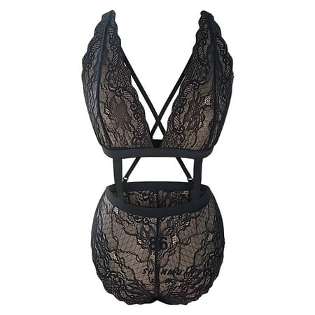adviicd Lingerie Plus Size Women Teddy Lingerie Floral Lace Bodysuit Bow Front One Piece Mini Bodysuit Black XL