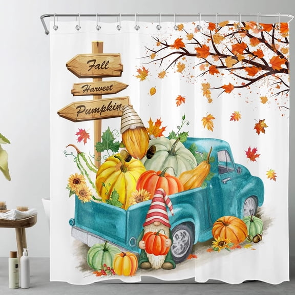 Autumn Fall Shower Curtain for Bathroom, Fall Gnome Thanksgiving Harvest Pumpkin Maple Leaf Sunflower on Rustic Vintage Blue Farm Truck Fabric Bathroom Decor Set with Shower Curtain Hooks, 72x72 Inch