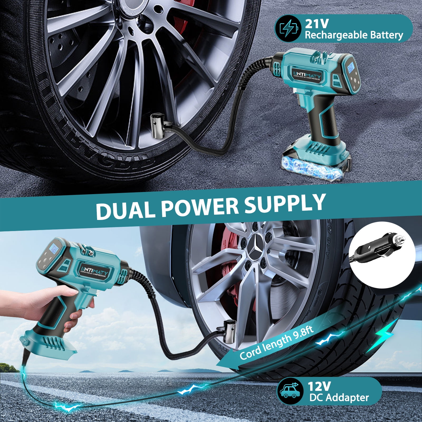 Cordless Tire Inflator, UNTIMATY Portable Air Compressor, 150PSI Handheld Air Pump with 21V Rechargeable Battery, Digital Pressure Gauge for Cars Motorcycles, Blue