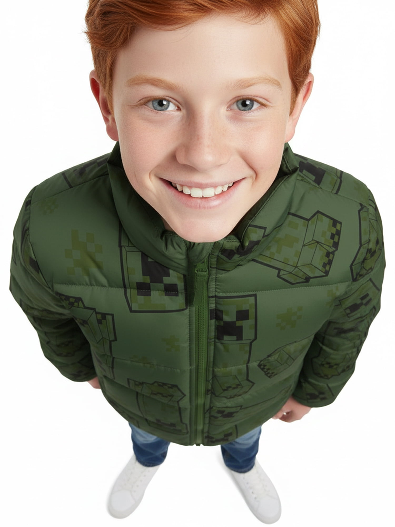 Boys’ Minecraft Creeper Allover Print Puffer Jacket, Olive Green, Sizes XS–XL